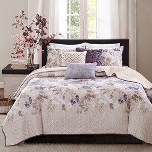 NWT Madison Park Set 6-Piece Cotton Blend Floral Taupe Purple Full / Queen